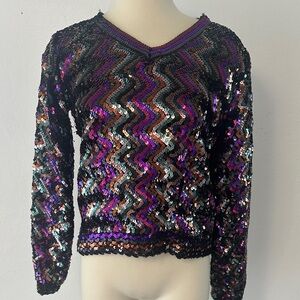 Vibrant Sequin Zigzag V-Neck Blouse